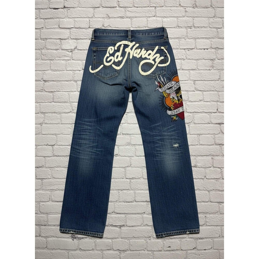 Ed Hardy Brave Hearts Stay True Embroidered Eagle Jeans - Size 26 Y2K Vntg Denim